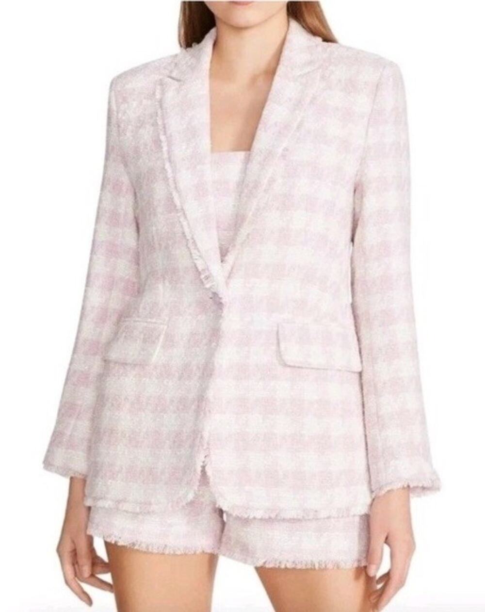 Steve Madden Harlow Tweed Blazer Pink Tulle Plaid Jacket Size XL Fringe